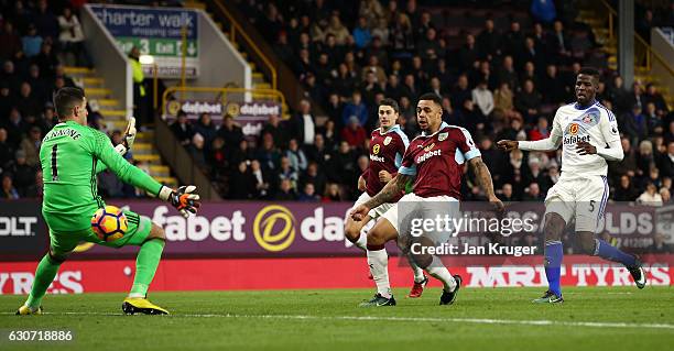 Andre Gray of Burnley scores his team's third and hat trick goal during the Premier League match between Burnley and Sunderland at Turf Moor on...