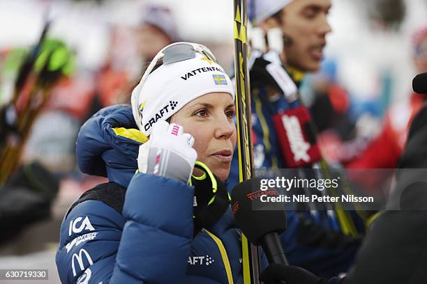 Charlotte Kalla of Sweden in an interview during the women's Sprint F race on December 31, 2016 in Val Mustair, Switzerland.