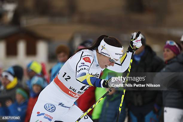 Charlotte Kalla of Sweden competes during the women's Sprint F race on December 31, 2016 in Val Mustair, Switzerland.