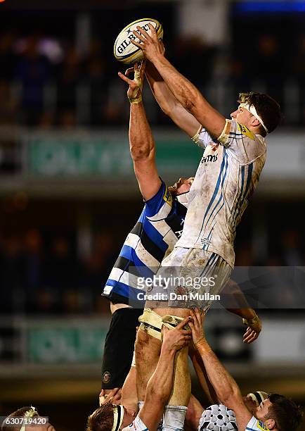 Jonny Hill of Exeter Chiefs rises to claim the lineout over Dave Attwood of Bath during the Aviva Premiership match between Bath Rugby and Exeter...