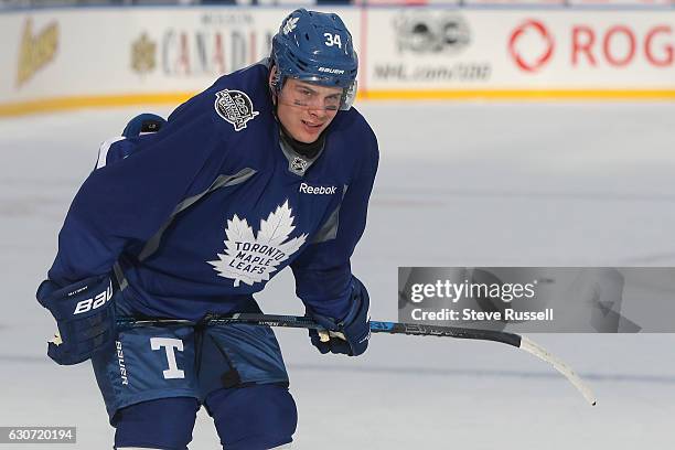 Toronto Maple Leafs center Auston Matthews as the Toronto Maple Leafs practice on the eve of the Centennial Practice at Exhibition Stadium in...