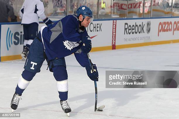 Toronto Maple Leafs center Auston Matthews as the Toronto Maple Leafs practice on the eve of the Centennial Practice at Exhibition Stadium in...