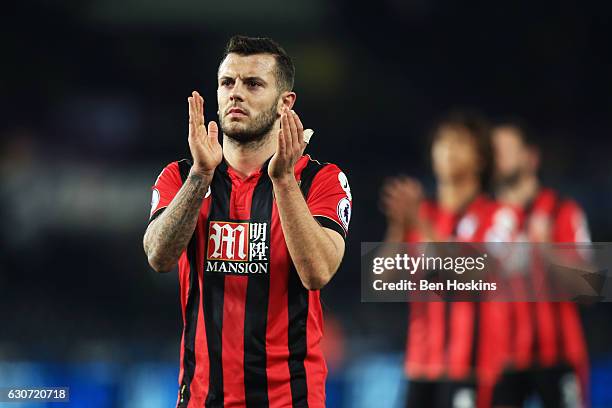 Jack Wilshere of AFC Bournemouth applauds supporters after the Premier League match between Swansea City and AFC Bournemouth at Liberty Stadium on...