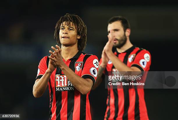 Nathan Ake of AFC Bournemouth applauds supporters after the Premier League match between Swansea City and AFC Bournemouth at Liberty Stadium on...