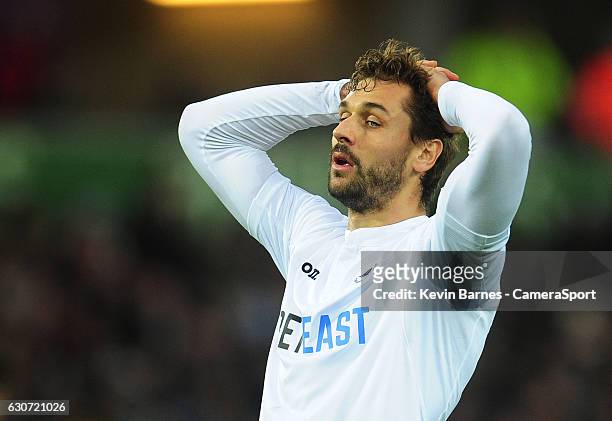 Swansea City's Fernando Llorente looks dejected after missing a chance to give his side the lead during the Premier League match between Swansea City...