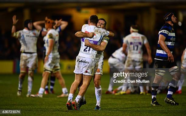 Gareth Steenson of Exeter Chiefs and Jack Maunder of Exeter Chiefs celebrate victory on the final whistle during the Aviva Premiership match between...