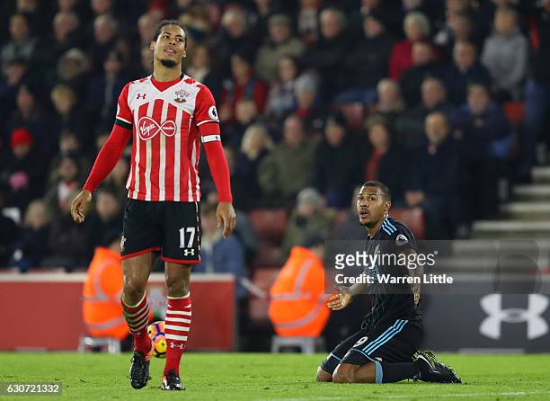 Virgil van Dijk of Southampton reacts after fouling Jose Salomon Rondon of West Bromwich Albion resulting in the second yellow card during the...