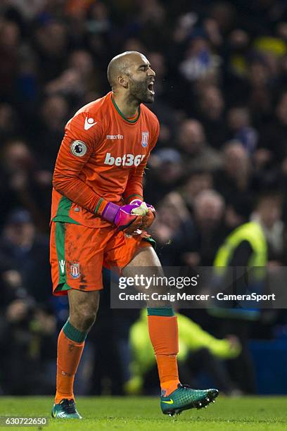 Stoke City's Lee Grant reacts after his side concede their third goal to make the score 3-2 during the Premier League match between Chelsea and Stoke...