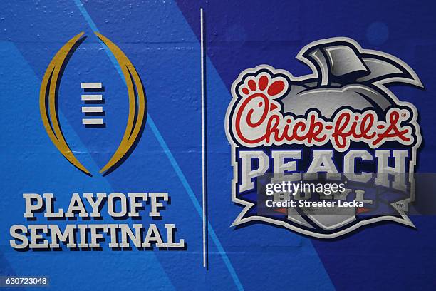 Detailed view of the logo prior to the 2016 Chick-fil-A Peach Bowl between the Alabama Crimson Tide and the Washington Huskies at the Georgia Dome on...