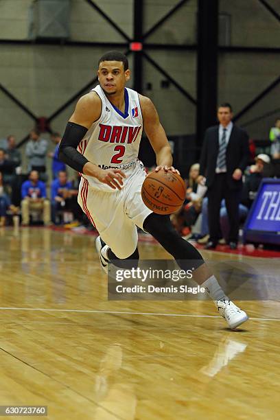 Ray McCallum of the Grand Rapids Drive drives to the basket against the Greensboro Swarm at The DeltaPlex Arena on December 30, 2016 in Grand Rapids,...