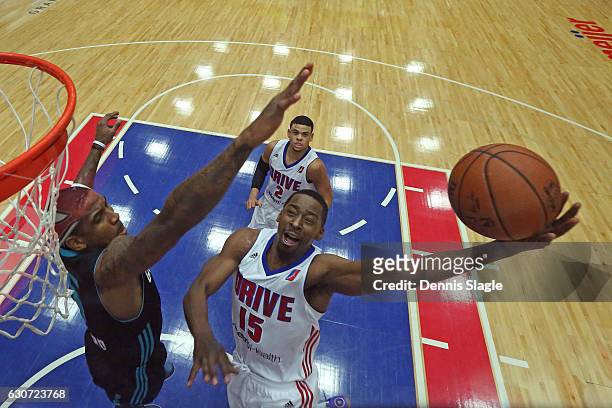 Jordan Crawford of the Grand Rapids Drive drives to the basket against the Greensboro Swarm at The DeltaPlex Arena on December 30, 2016 in Grand...