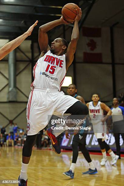 Jordan Crawford of the Grand Rapids Drive shoots the ball against the Greensboro Swarm at The DeltaPlex Arena on December 30, 2016 in Grand Rapids,...