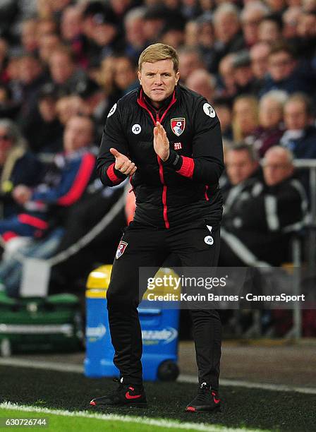 Bournemouth manager Eddie Howe encourages his side during the Premier League match between Swansea City and AFC Bournemouth at Liberty Stadium on...