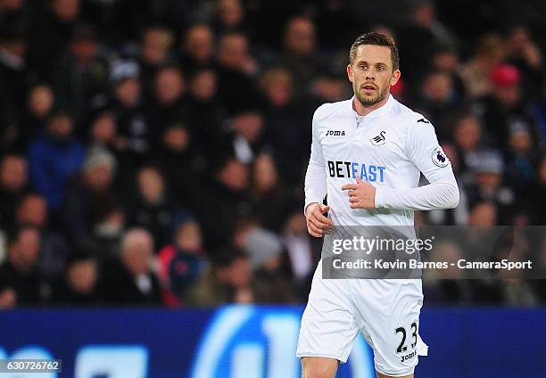 Swansea City's Gylfi Sigurdsson during the Premier League match between Swansea City and AFC Bournemouth at Liberty Stadium on December 31, 2016 in...