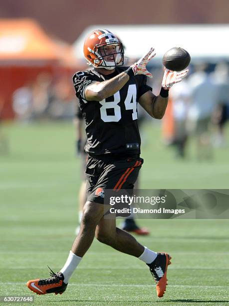 Tight end Rob Housler of the Cleveland Browns catches a pass during a training camp practice on July 30, 2015 at the Cleveland Browns training...