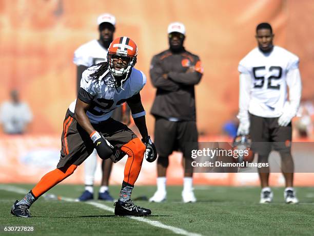 Cornerback Tramon Williams of the Cleveland Browns takes part in drills during a training camp practice on July 30, 2015 at the Cleveland Browns...
