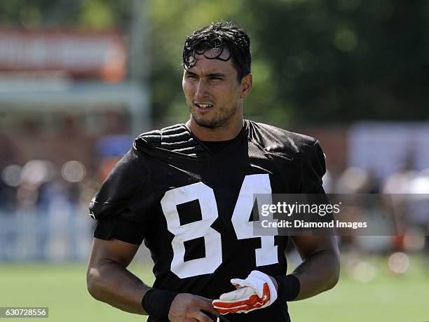 Tight end Rob Housler of the Cleveland Browns walks off the field after a training camp practice on July 30, 2015 at the Cleveland Browns training...