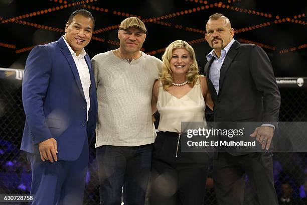 Ray Sefo, Randy Couture, Kayla Harrison and Chuck Liddell during the World Series of Fighting at The Theater at Madison Square Garden on December 31,...