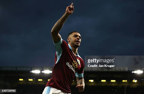 Andre Gray of Burnley celeberates scoring his team's second goal during the Premier League match between Burnley and Sunderland at Turf Moor on...