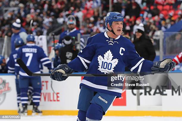 Rick Vaive looks for a call as the Toronto Maple Leafs alumni lose to the Detroit Red Wings alumni 4-3 on the eve of the Centennial Classic at...