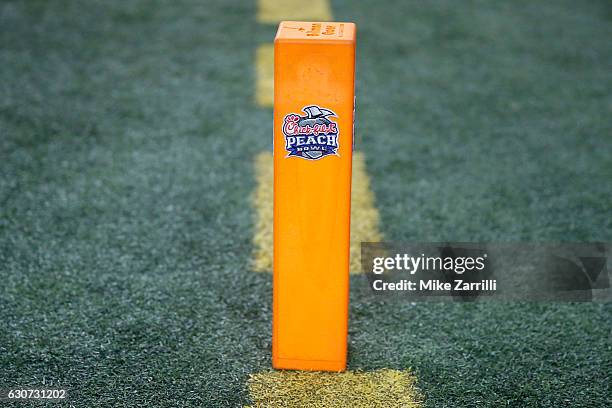 Detailed look of a logo on a sidline marker during the 2016 Chick-fil-A Peach Bowl at the Georgia Dome on December 31, 2016 in Atlanta, Georgia.