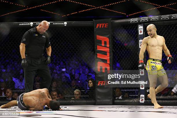 Marlon Moraes celebrates his stoppage win over Josenaldo Silva during their World Series of Fighting bantamweight championship fight at The Theater...