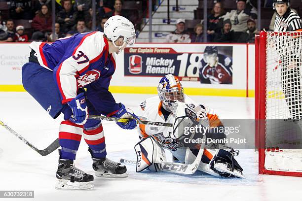 Goaltender Garrett Forrest of the Flint Firebirds makes a save on a shot from Graham Knott of the Windsor Spitfires on December 31, 2016 at the WFCU...