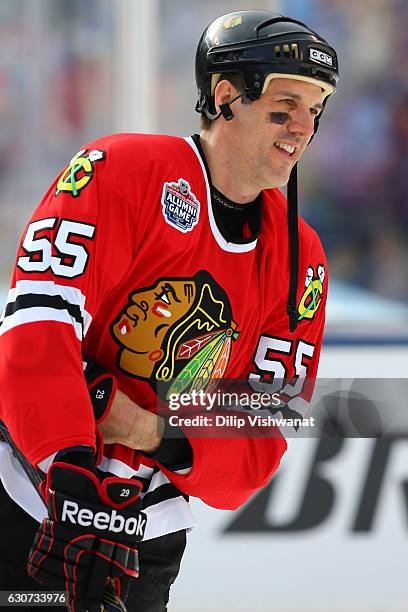 Ben Eager of the Chicago Blackhawks skates during the pre-game skate prior to playing in the 2017 NHL Winter Classic Alumni Game at Busch Stadium on...