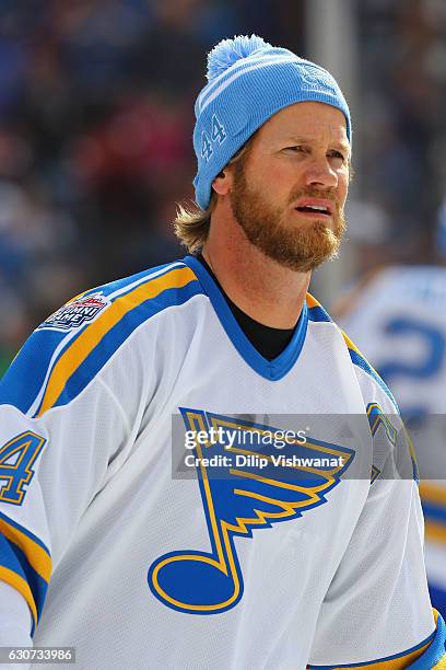 Chris Pronger of the St. Louis Blues skates during the pre-game skate prior to playing in the 2017 NHL Winter Classic Alumni Game at Busch Stadium on...