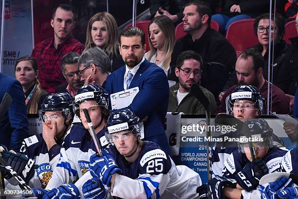 Head coach Jussi Ahokas of Team Finland looks on during the 2017 IIHF World Junior Championship preliminary round game against Team Switzerland at...