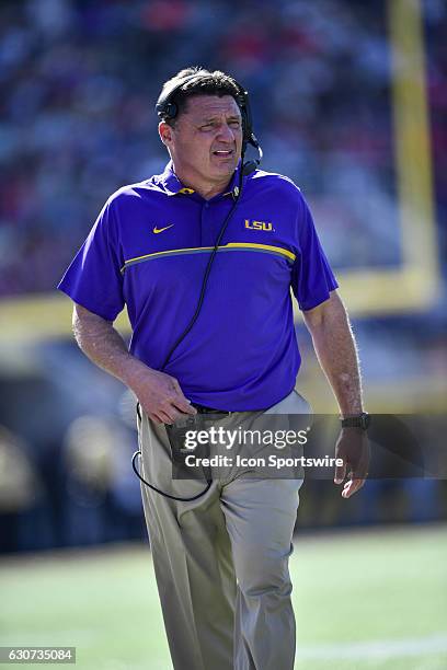Tigers Head Coach Ed Ogerson during the first half of the Citrus Bowl game between the Louisville Cardinals and the LSU Tigers on December 31 at...