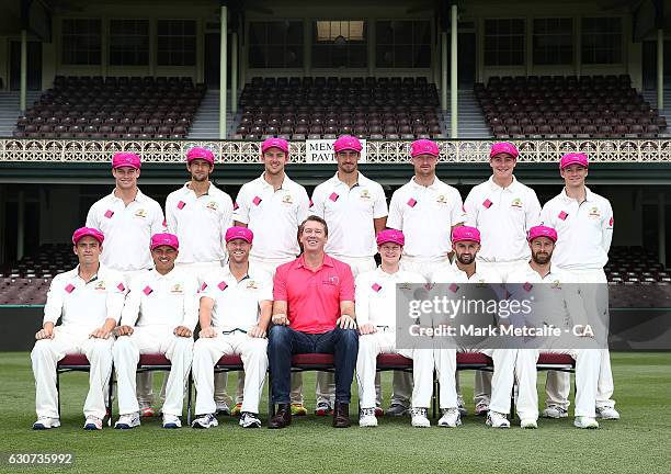 The Australian Mens Test Cricket team and Glenn McGrath pose for a photograph wearing the 'Baggy Pink' in support of the McGrath Foundation prior to...