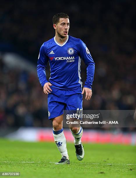 Eden Hazard of Chelsea during the Premier League match between Chelsea and Stoke City at Stamford Bridge on December 31, 2016 in London, England.