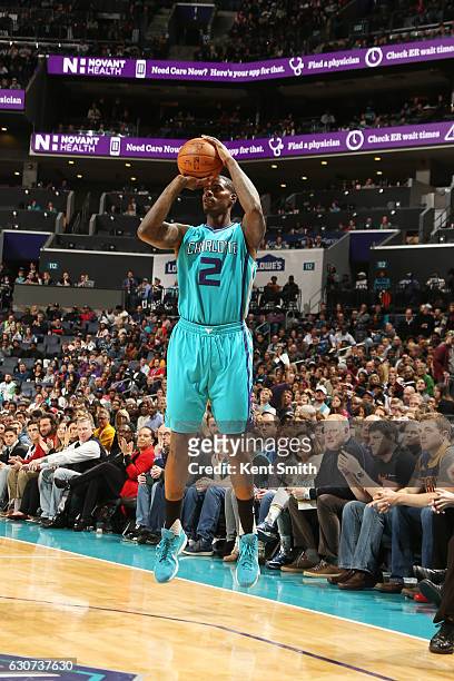 Marvin Williams of the Charlotte Hornets shoots the ball against the Cleveland Cavaliers on December 31, 2016 at Spectrum Center in Charlotte, North...