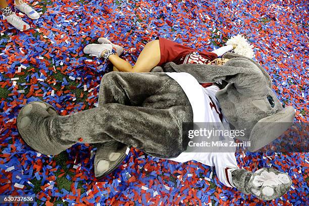 The Alabama Crimson Tide mascot celebrates after winning 24 to 7 against the Washington Huskies during the 2016 Chick-fil-A Peach Bowl at the Georgia...