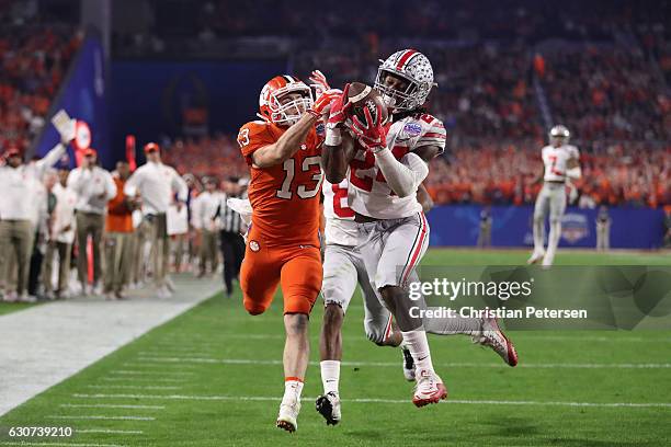 Malik Hooker of the Ohio State Buckeyes intercepts a pass intended for Hunter Renfrow of the Clemson Tigers during the first half of the 2016...