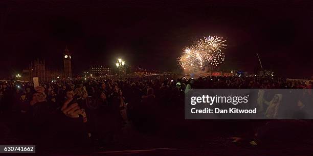 Image was created as an Equirectangular Panorama. Import image into a panoramic player) Fireworks light up the London skyline and Big Ben just after...