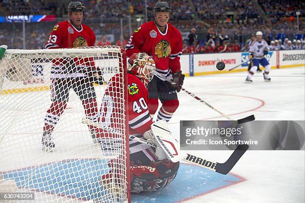 Chicago Blackhawks Goalie Darren Pang working the pipes during a NHL Winter Classic Alumni hockey game between the St. Louis Blues and the Chicago...