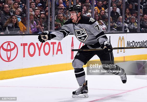 Tanner Pearson of the Los Angeles Kings grabs the puck out of the air during the game against the San Jose Sharks on December 31, 2016 at Staples...