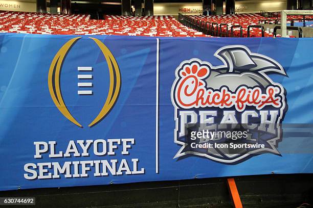 Signage at the College Football Playoff Semifinal at the Chick-fil-A Peach Bowl between the Washington Huskies and the Alabama Crimson Tide on...