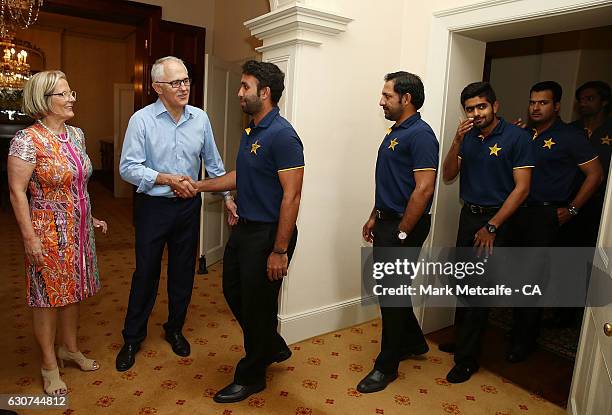 Australian Prime Minister, Malcolm Turnbull and his wife Lucy greet Pakistan players during the Australian Test squad Kirribilli House Function on...