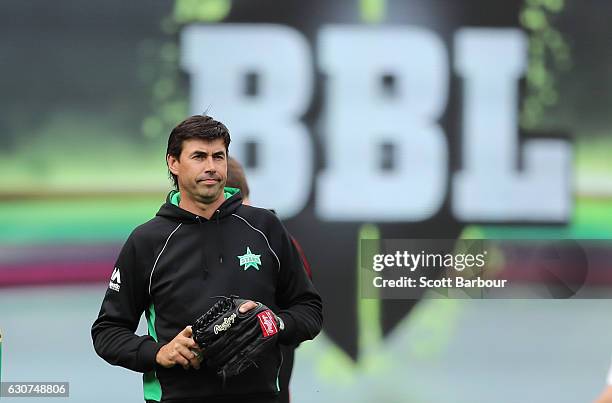 Stephen Fleming, Head Coach of the Stars looks on during the Big Bash League match between the Melbourne Stars and Melbourne Renegades at Melbourne...