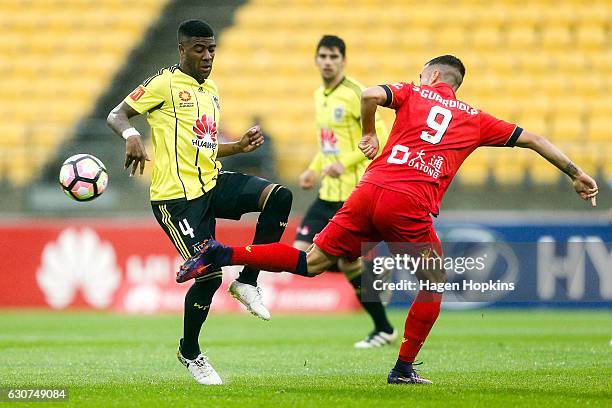 Roly Bonevacia of the Phoenix and Sergio Guardiola of Adelaide United compete for the ball during the round 13 A-League match between Wellington...