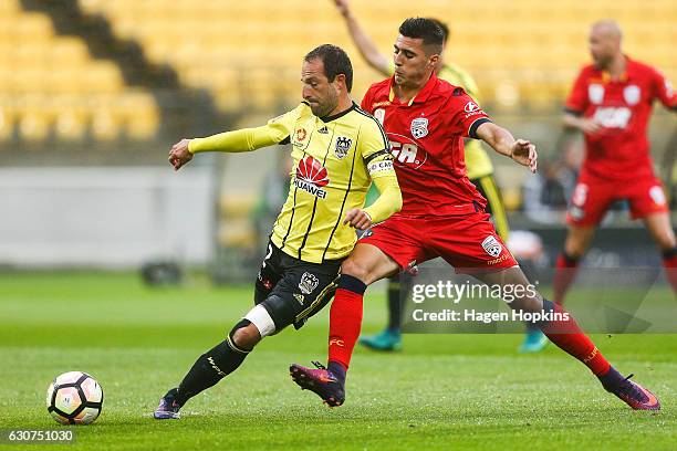 Andrew Durante of the Phoenix clears the ball under pressure from Sergio Guardiola of Adelaide United during the round 13 A-League match between...