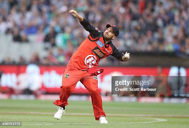 Aaron Finch of the Renegades celebrates after taking a catch to dismiss Kevin Pietersen of the Stars during the Big Bash League match between the...