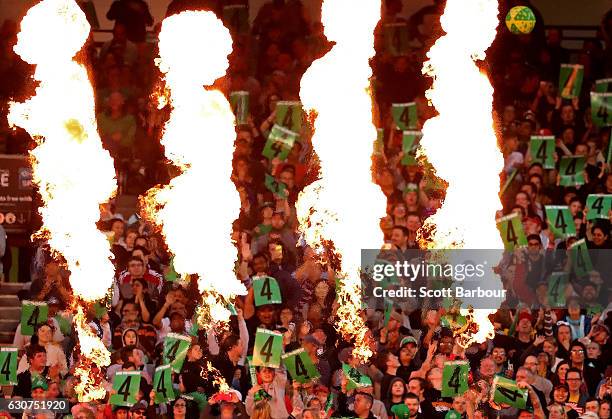 Stars fans in the crowd celebrate as a boundary is hit by the Stars during the Big Bash League match between the Melbourne Stars and Melbourne...