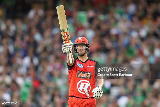 Cameron White of the Renegades celebrates as he reaches his fifty during the Big Bash League match between the Melbourne Stars and Melbourne...