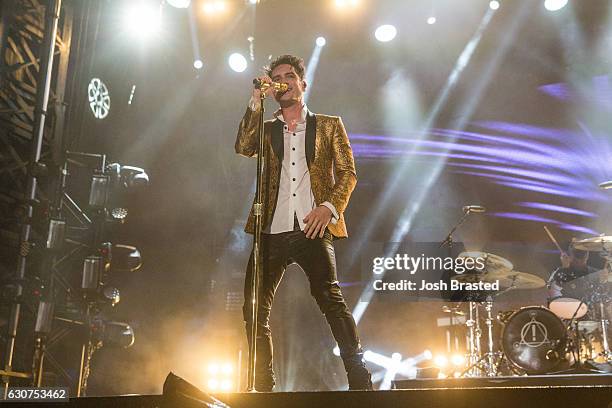 Brendon Urie of Panic! At the Disco performs during the 2016 Allstate fan fest at the Allstate Sugar Bowl in the Jax Brewery Parking Lot on December...