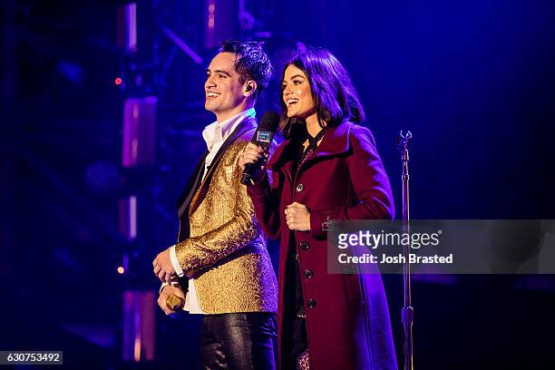 Brendon Urie of Panic! At The Disco and actress Lucy Hale attend the 2016 Allstate Sugar Bowl Fan Fest in the Jax Brewery Parking Lot on December 31,...