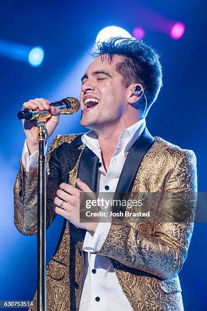 Brendon Urie of Panic! At the Disco performs during the 2016 Allstate fan fest at the Allstate Sugar Bowl in the Jax Brewery Parking Lot on December...